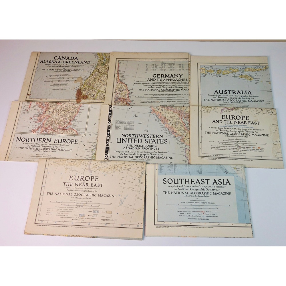 8 VTG National Geographic Maps 1940s 1950s Europe WWII Germany Australia Decor